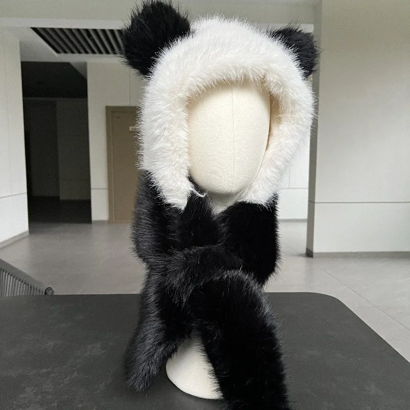 

Fashion Trapper Hat Aviator Ushanka Extreme Cold Thickened Panda Cap Ear Woolen Women Winter Warm Scarf ear-protecting 2M98