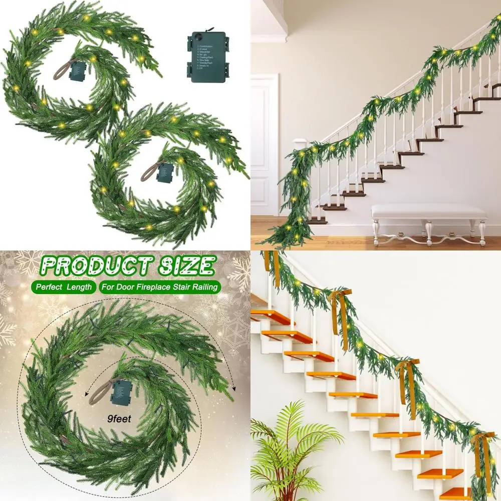 

Предварительно освещенная искусственная рождественская сосновая гирлянда с теплыми белыми светодиодами, зеленые украшения для праздничного сезона