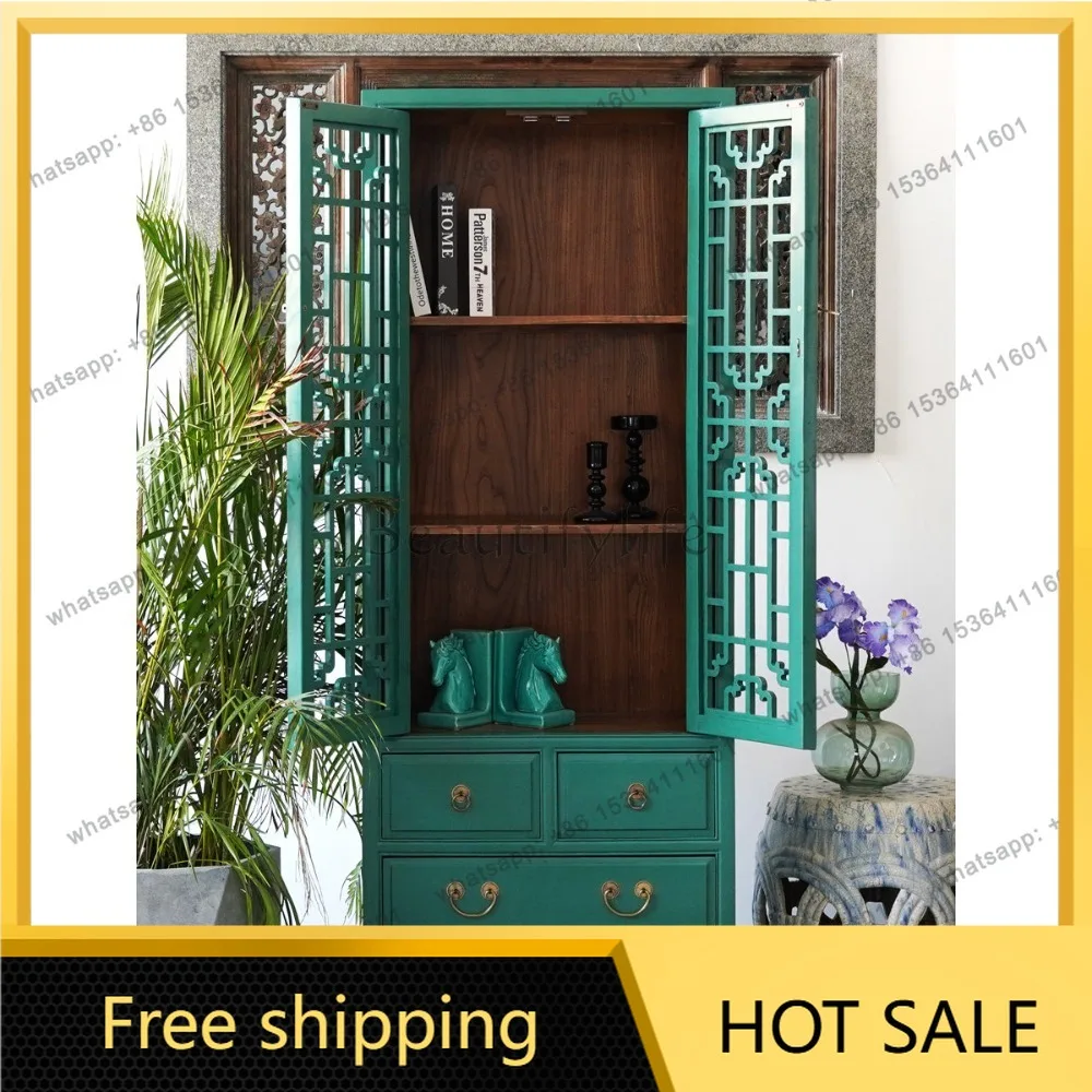 LD new Chinese solid wood lattice wardrobe classical paint old display cabinet