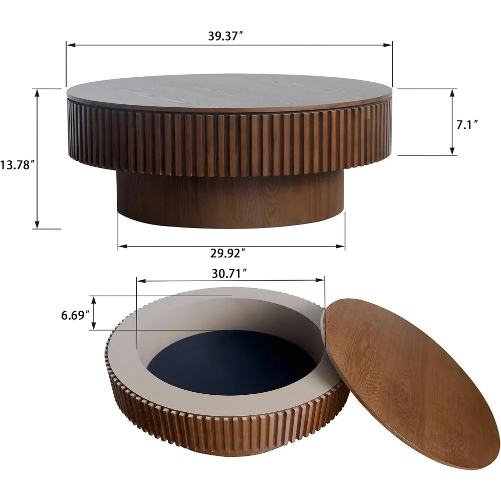 Круглый журнальный столик в стиле фермерского дома с местом для хранения, диаметр 39,37), отделка из орехового дерева для гостиной, квартиры или офиса