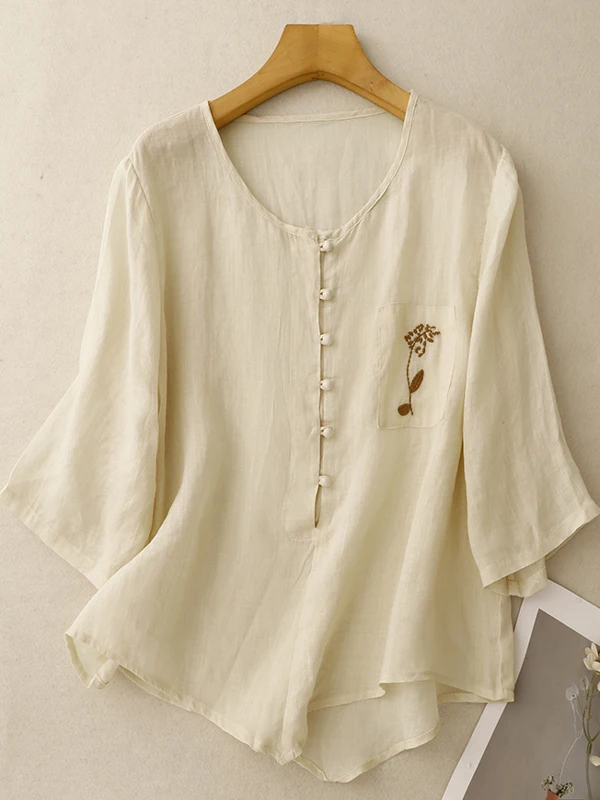 تي شيرت نسائي مطرز خفيف الوزن وجيد التهوية من القطن والكتان مقاس كبير or Sve بأزرار دائرية Ne كاجوال