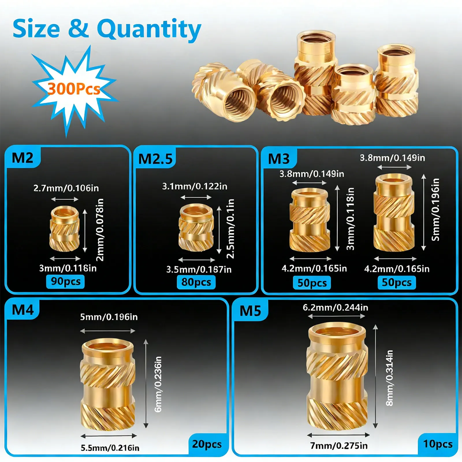 300Pcs M2-M5 Brass Threaded Inserts Heat Set Tool Knurled Nuts Kit for 3D Printing PLA ABS PETG PP PPS Plastic Parts All-in-one