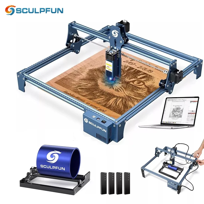 SCULPFUN S9 Laser Engraving Cutting Machine 410x420mm Engraving Area Full Metal Structure Quick Assembly with Rotation Roller