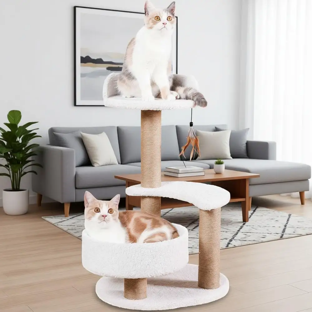 

Modern Cat Tree Tower for Indoor Small Cats with Sisal Scratching Post, Hammock, Perch, Bed, Feather Toy, Easy to Assemble, Acti