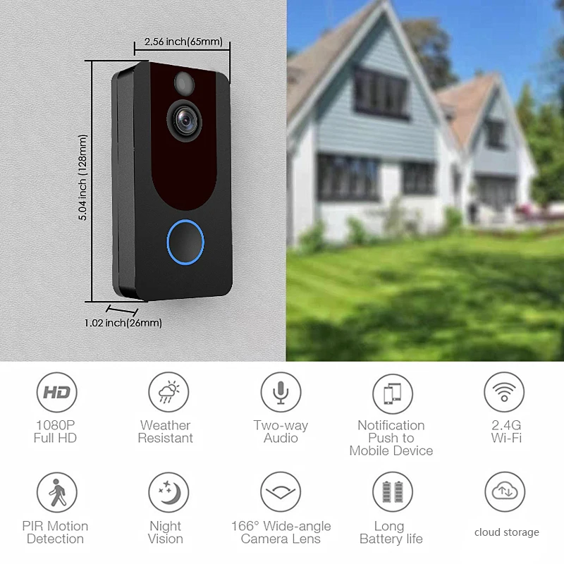 Top! V7 HD 1080P Smart WiFi Video Doorbell Camera Visual Intercom Night Vision IP Door Bell Wireless Security Cameras