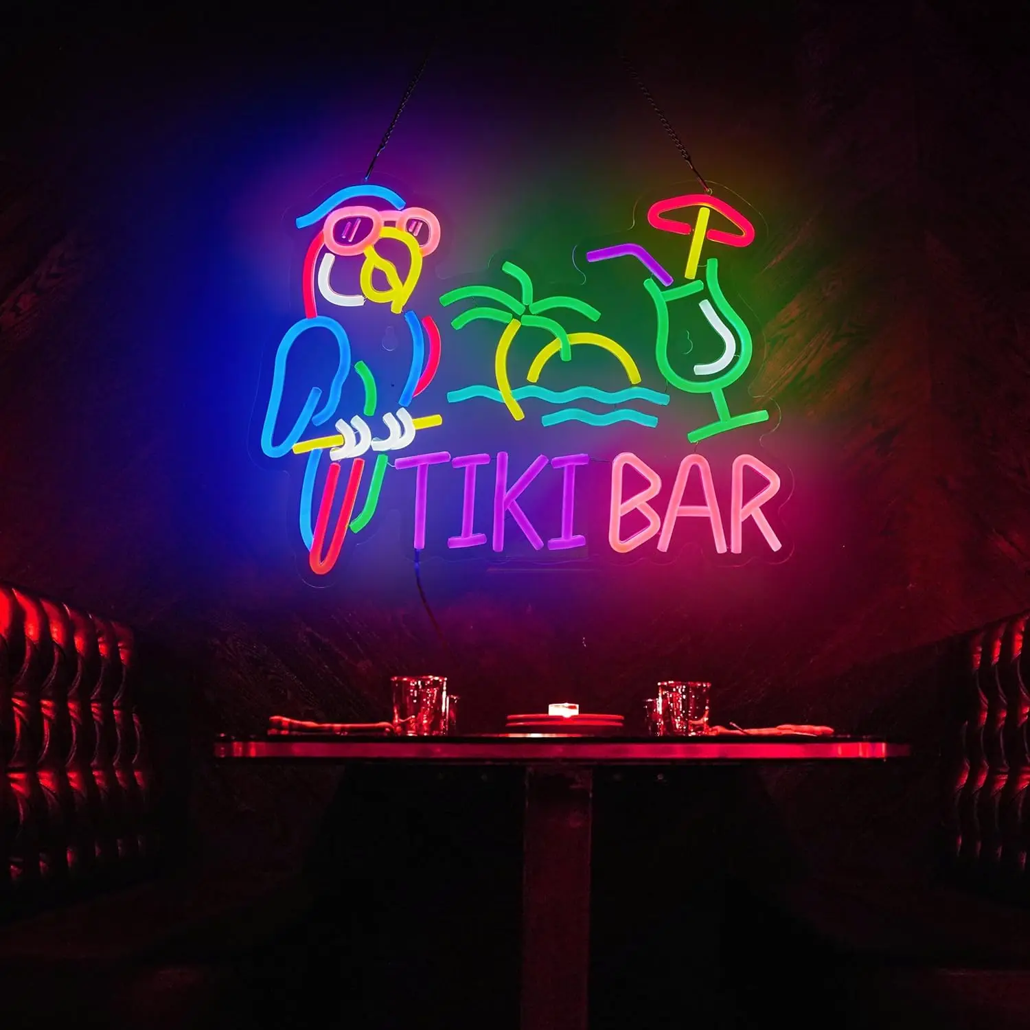 Letreiro Neon Tiki Bar Papagaio e Palmeira, Luz de Parede Artística para Negócios, Luz Neon LED USB para Decoração de Restaurantes, Clubes de Cerveja,