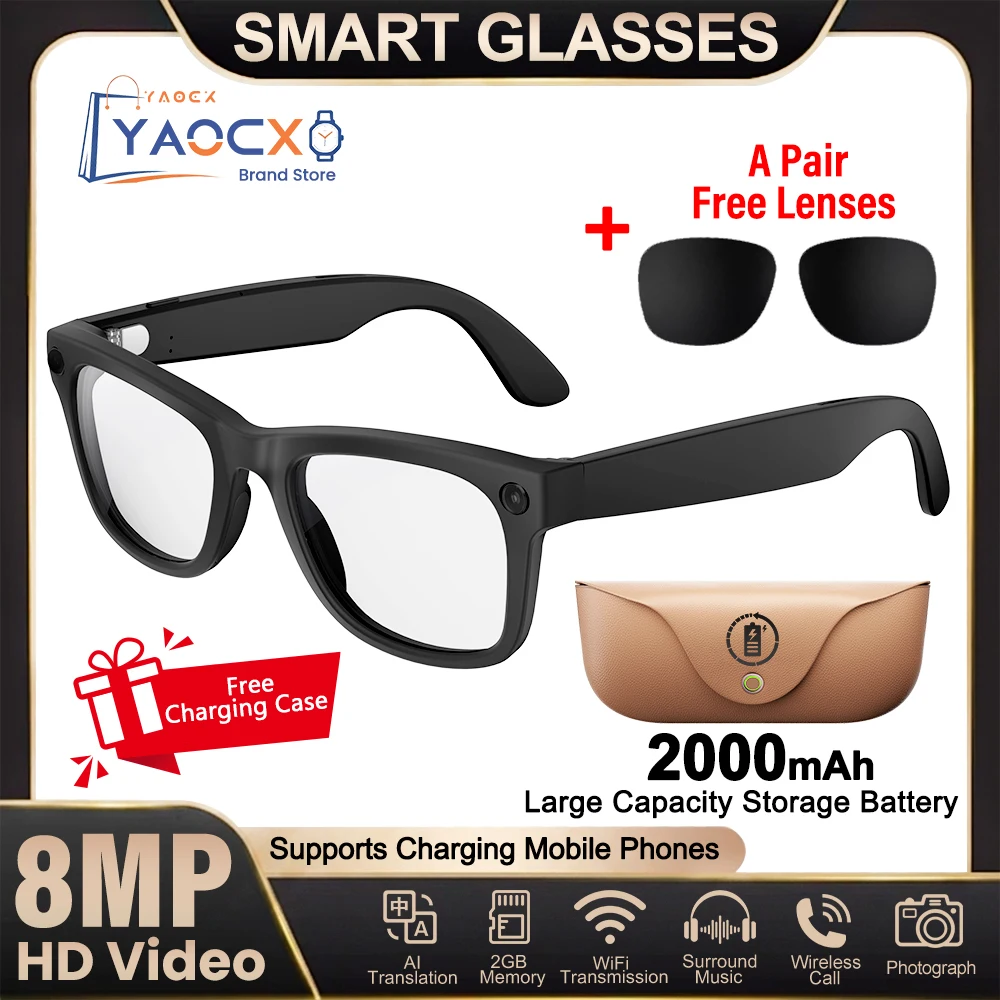 Lunettes Intelligentes à Activation Vocale IA et Traduction IA, Musique 3D, Appel BT, Objectif HD 8M