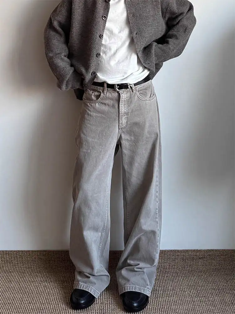 American High Street Cleanfit Retro Washed Grey Work Pants Men Loose Wide Leg Straight Casual Trousers mid Waist Button Closure
