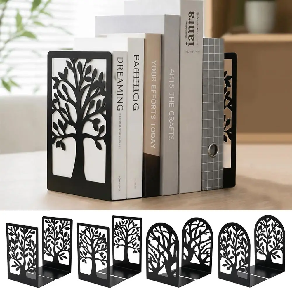 2Pcs Metal Metal Bookends Hollow Tree Pattern T-Shape Book Stopper Non Slip Desktop Bookshelf Organizer Office School Home