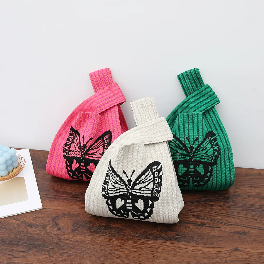 Fashion Butterfly Pattern Handmade Knitted Handbag Niche Design Shoulder Bag Female Casual Color Wide Stripe Mini Knot Wrist-bag