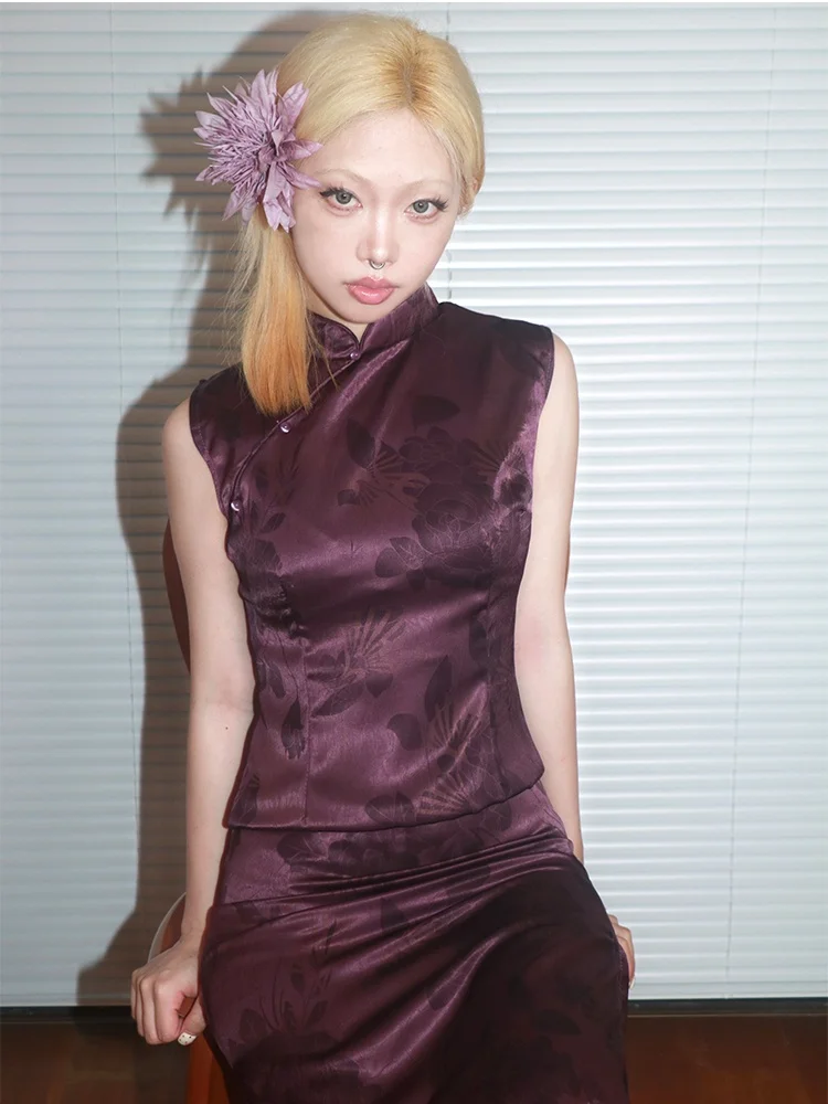 

Retro Sle ort Sve Satin Dr k Purple Floral Embroidery Chinese Sle Women's Dr Ele White Enhancing