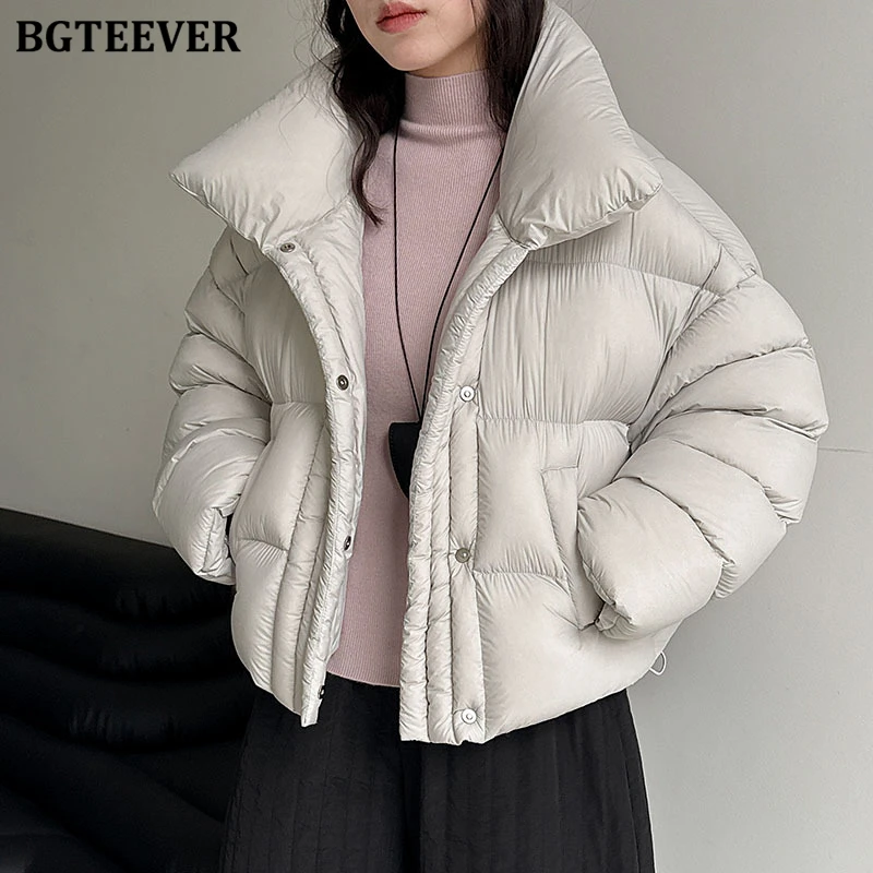 BGTEEVER スタイリッシュな厚手暖かいルーズスタンドカラー女性綿パッド入りジャケット冬長袖女性シングルブレストパーカー