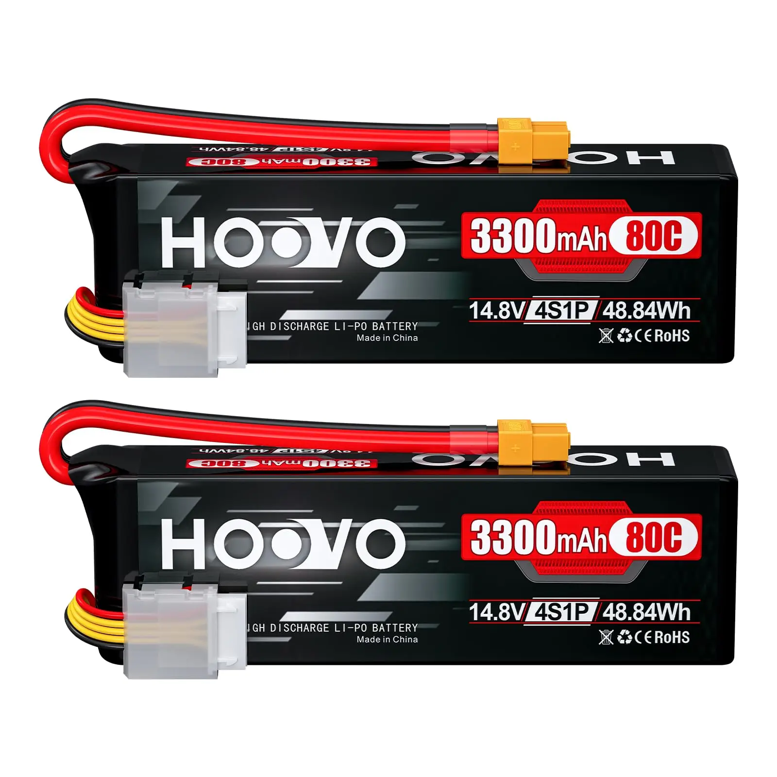 HOOVO 2Pcs 4S Lipo Battery 14.8V 80C 3300mAh RC Lipo Battery Pack Softcase with XT60 Connector for RC Boat Car Truck Drone FPV