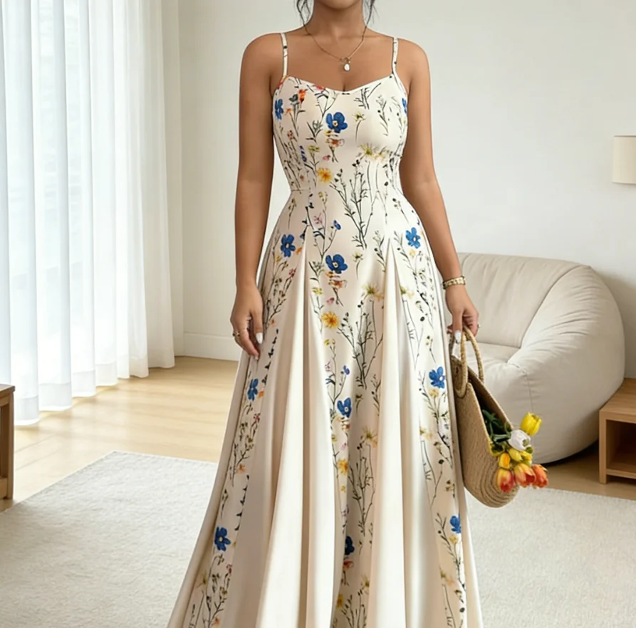 

Women Dress 2026 Spring Summer New Fashion Floral Print Square Collar Sleeveless Casual Slim Fit Daily Maxi Dress