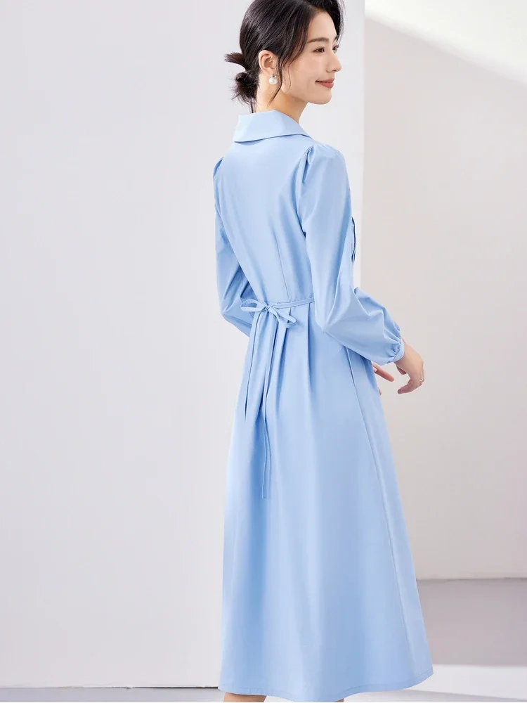 Vimly Cotton 100% Women\'s Blue Button Up Shirt Dresses 2023 Autumn Fashion A-line Lapel Long Sleeve Elegant Midi Dress M2917