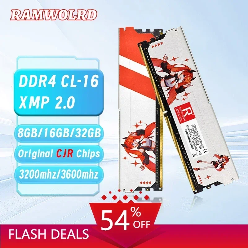 

RAMWORLD DDR4 Memoria Ram Desktop 3600MHz 1.35V CL16-28800 32GB (16GBx2PCS) Game XMP 2.0 Support For Desktop Memory