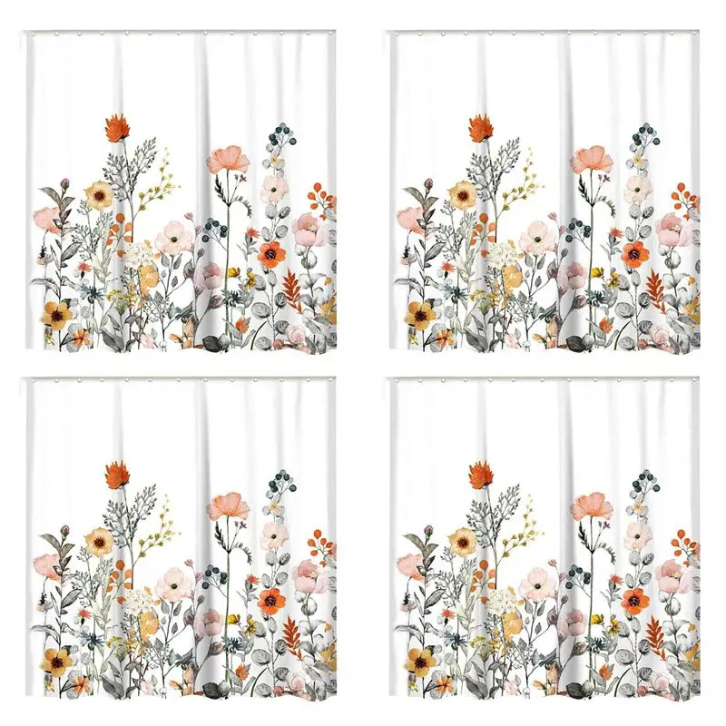 

Floral Shower Curtain With 48 Hooks Watercolor Botanical Flowers Decorative Bath Curtain Modern Bathroom Accessories-Tvdae