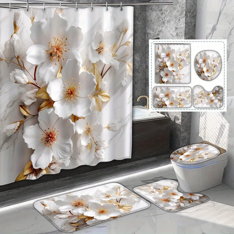 White Floral Graphic Bath Curtain Set with 12 Hooks: Artistic Print, Waterproof, and Includes Bath Mat, U-Shaped Rug, Toilet Sea