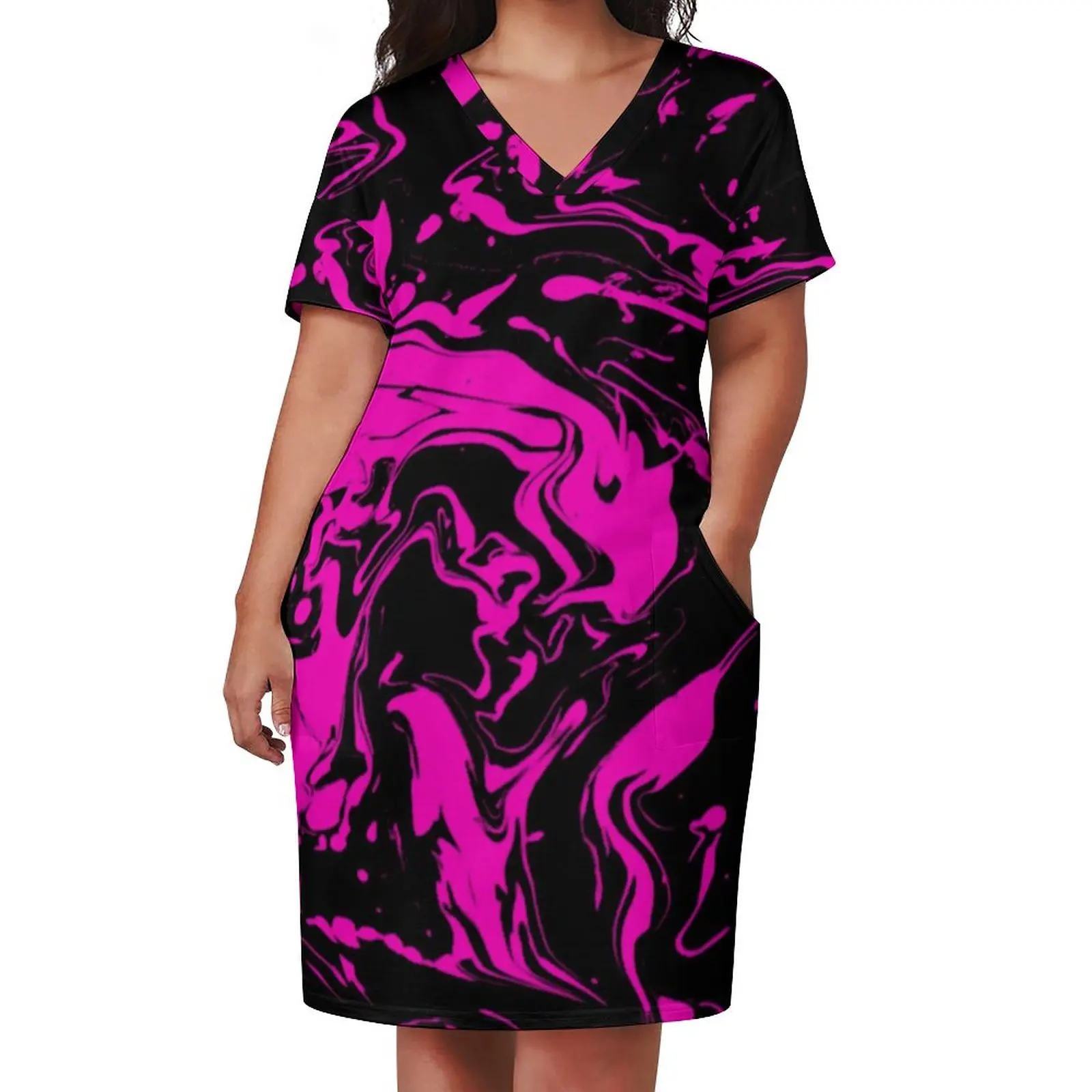 Paint Splatter Print Dress Plus Size Pink Abstract Swirl Aesthetic Casual Dress Ladies Holiday V Neck Elegant Dresses Gift Idea