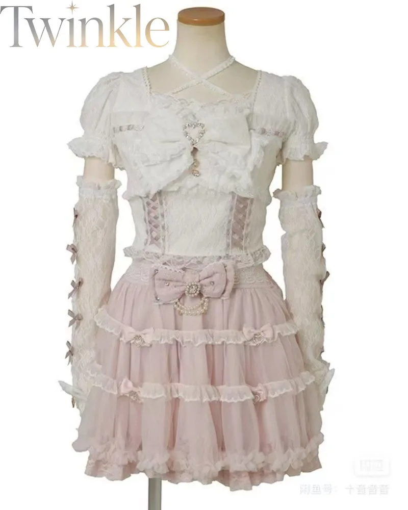 Japanese Style Sweet Lolita Blouse Women Kawaii Soft Bow Waist Slimming Detachable Puff Sleeve Shirt Preppy JK Lace Ruffle Top