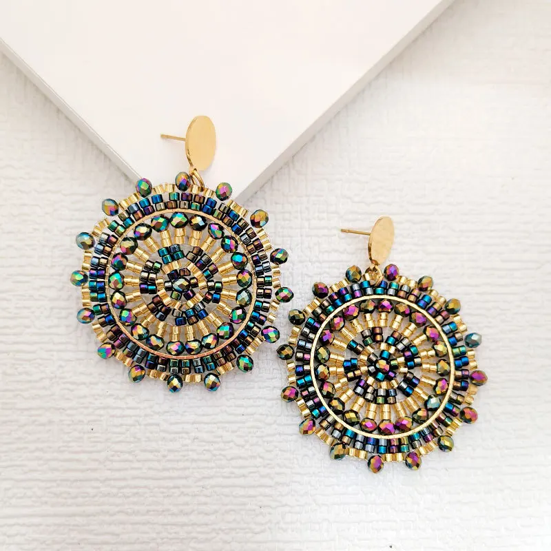ZGMXR Double Layer Hollow out Hand Knitting Sunflower Circle Yellow Rice Bead Earrings Bohemia Crystal Fashion Jewelry