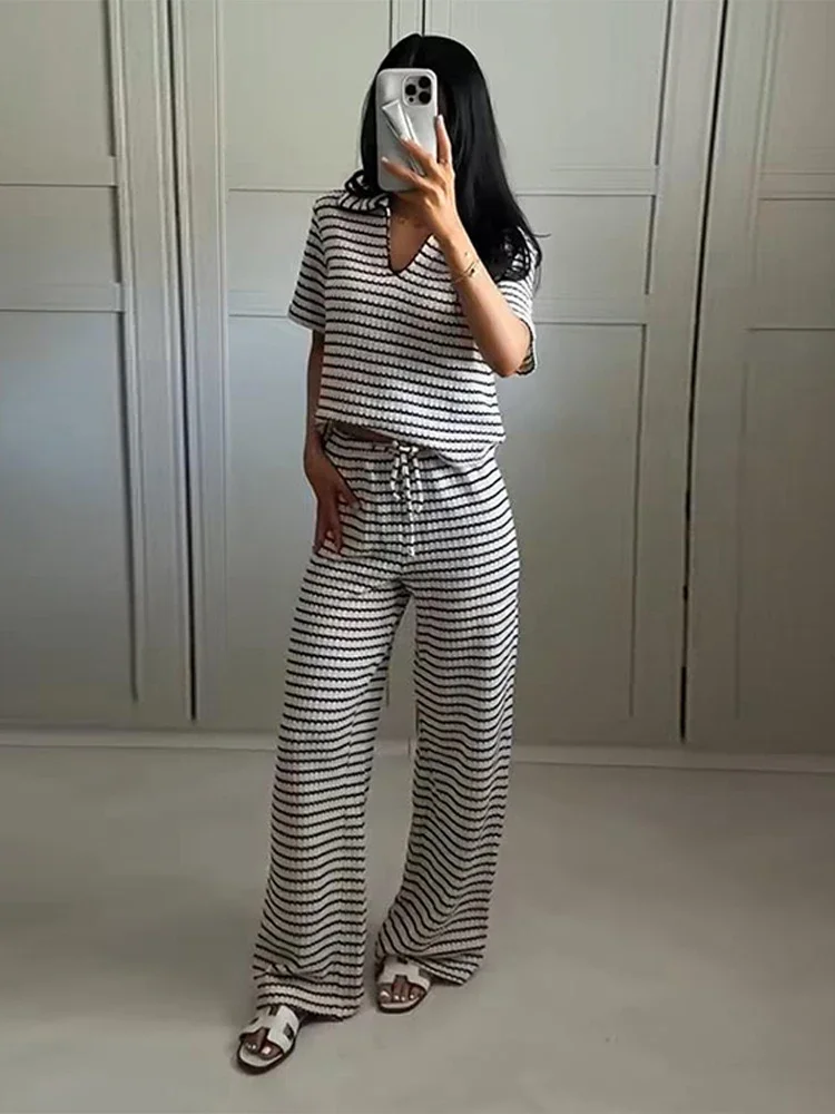 Casual malha listrado calças definir feminino casual solto gola polo camisa de manga curta cordão perna larga calça 2025 verão senhora terno