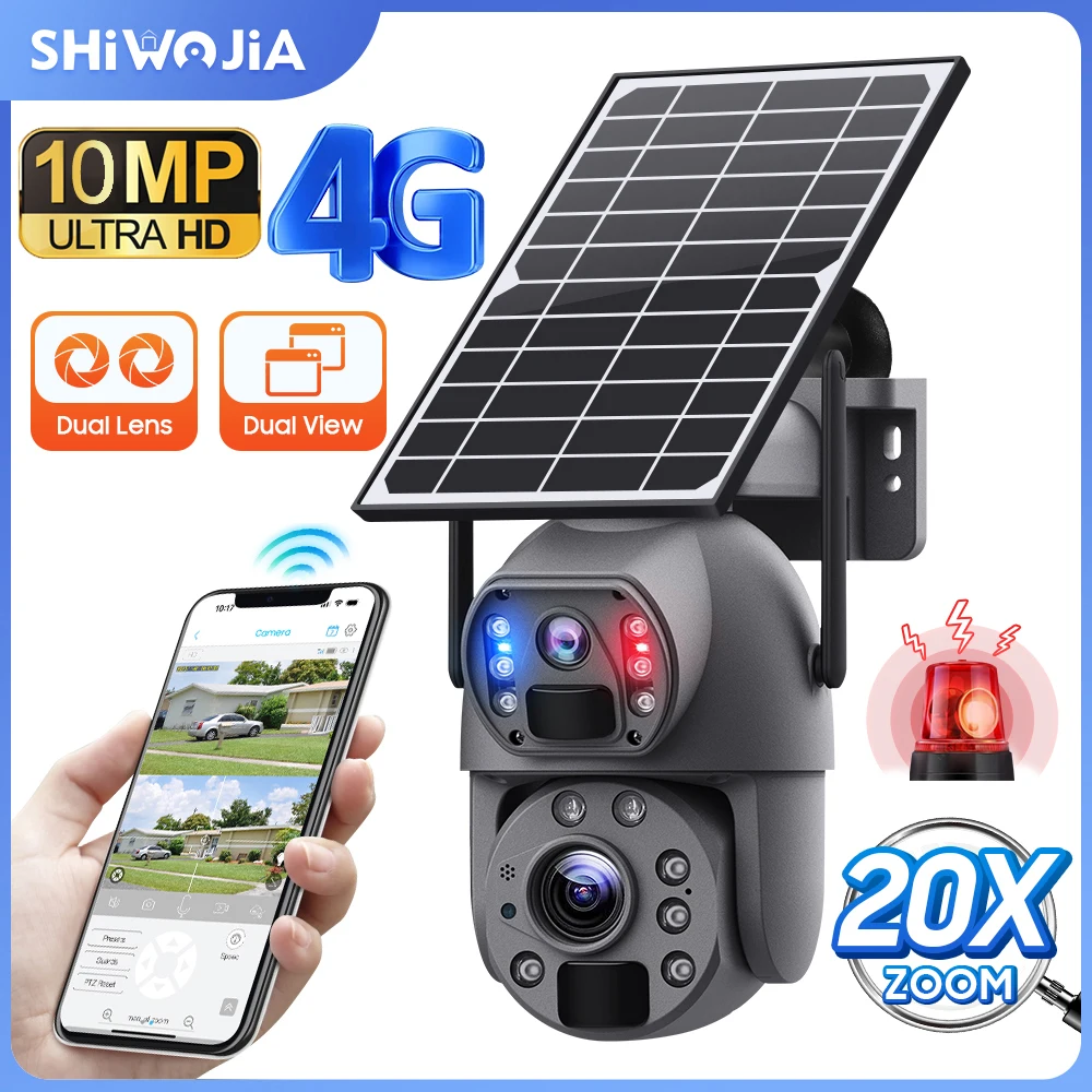 Kamera solarna SHIWOJIA 4G Sim 5K 10MP 20X Zoom z podwójnym obiektywem, nagrywanie, śledzenie ludzi, zewnętrzna kamera WIFI, metalowa, wodoodporna