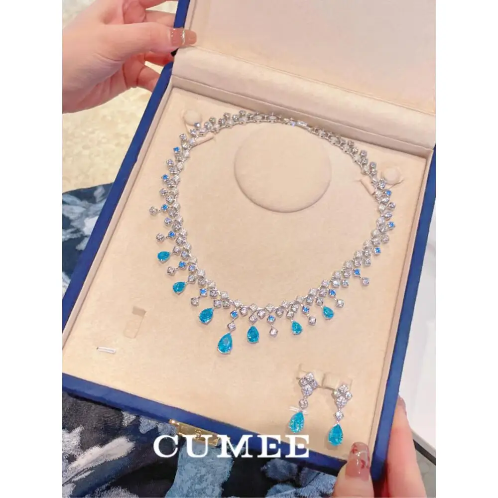 CUMEE Fashion aquamarine 925 Sterling Silver Water Drop Necklace Cultivate Sapphire Blue Necklace Pendants Plated Gold Necklace