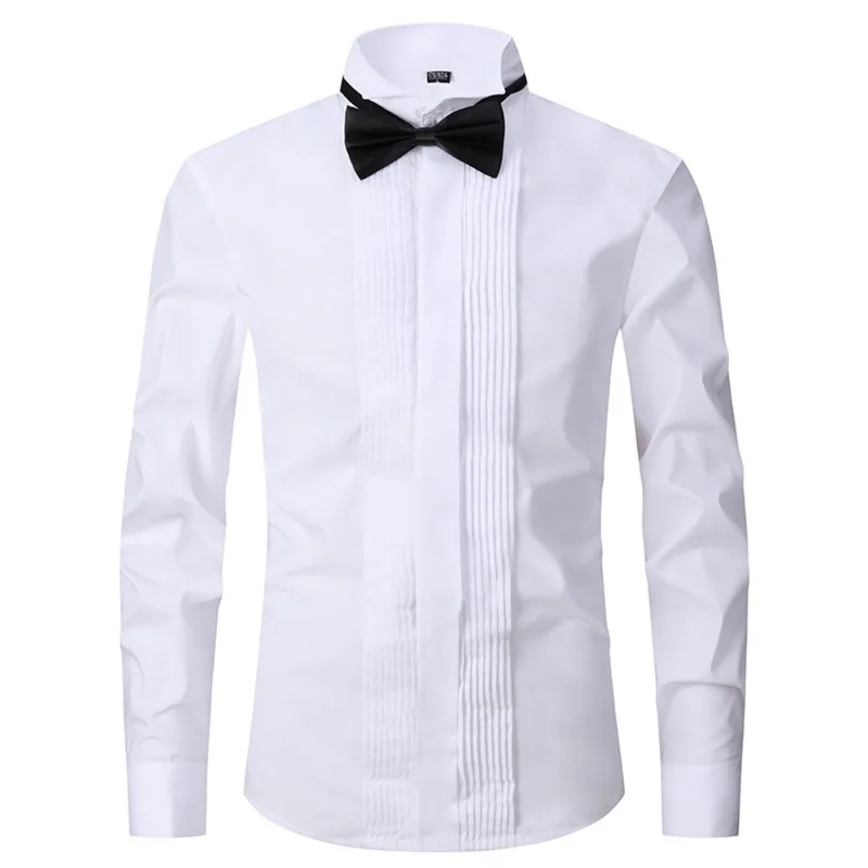 Mens Tuxedo Shirt with Bow Tie Solid Color Wing Tip Collar Shirt Wedding Party Performance Long Sleeve Dress Shirt Men Clothing