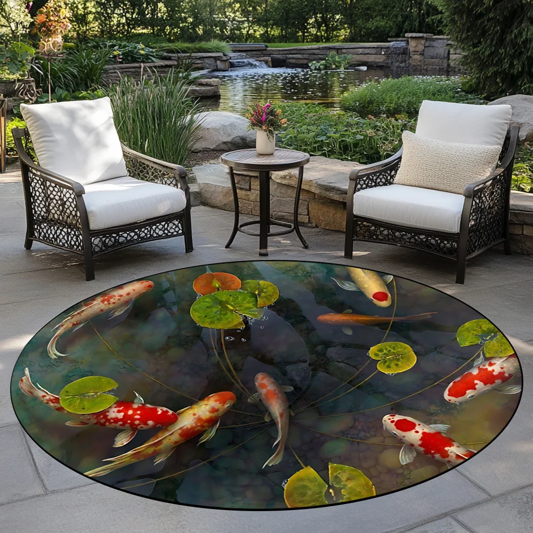 1 Stück runder Teppich mit 3D-Koi-Fisch-Muster, rutschfeste Bodenmatte für Wohnzimmer, Schlafzimmer, Badezimmer, Ferienhaus-Dekoration