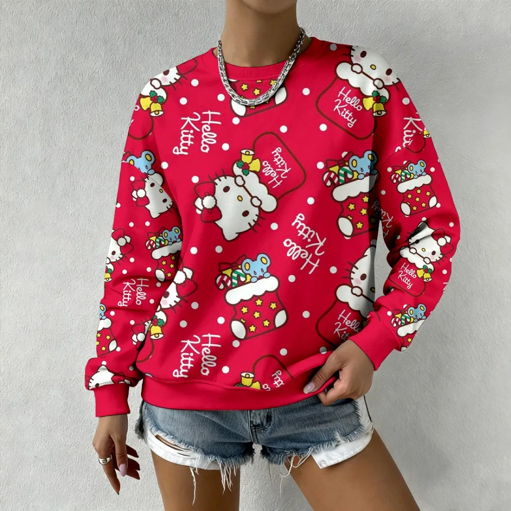 New Hello Kitty Fashion Round Neck Hoodie Women's Sweatshirt 3D Cute Print Fashion Pattern Casual Comfortable Pullover Clothes