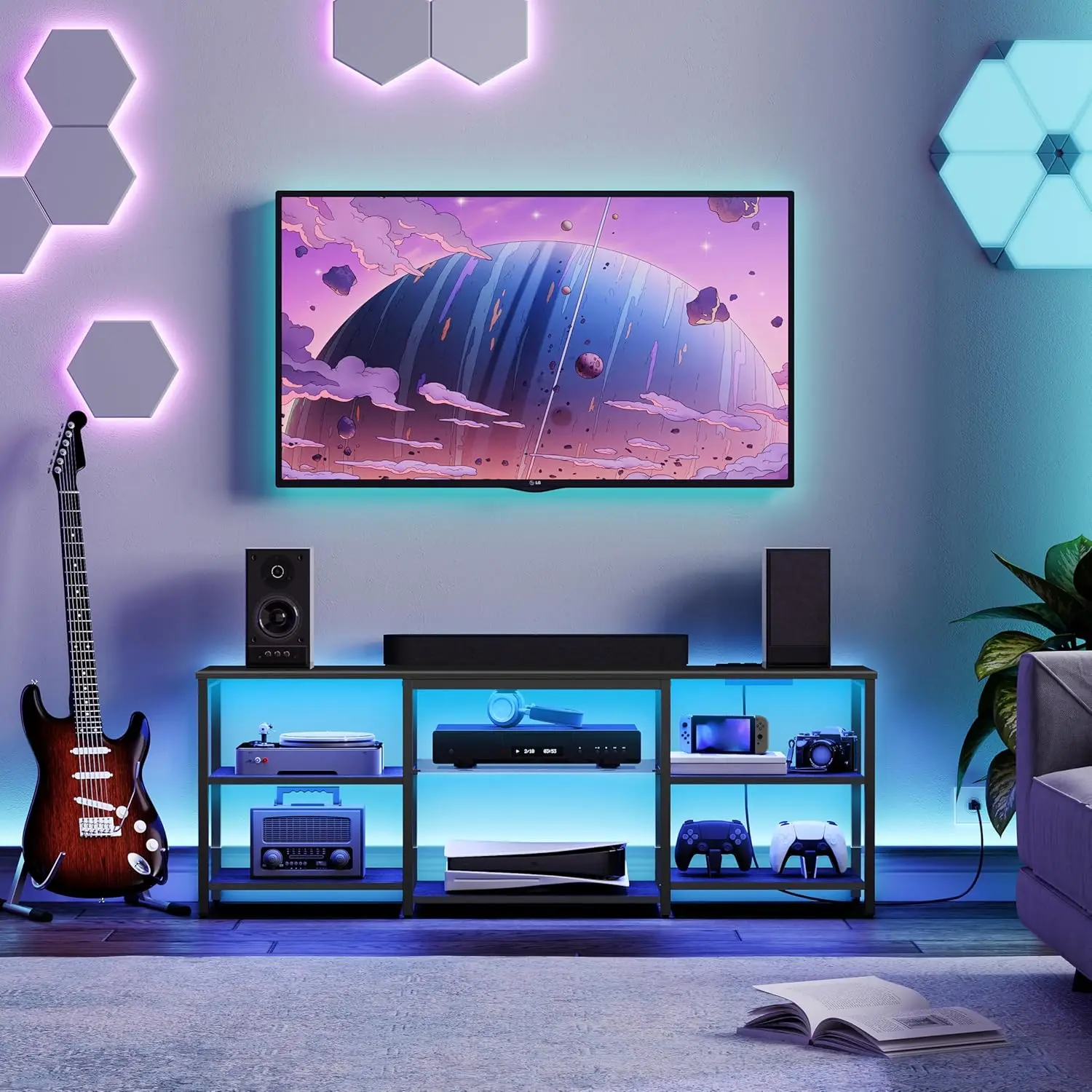 

Подставка для LED-телевизоров 65 дюймов с зарядной станцией, игровой развлекательный центр с 3-уровневой открытой полкой для хранения, длинная подставка для медиаустройств