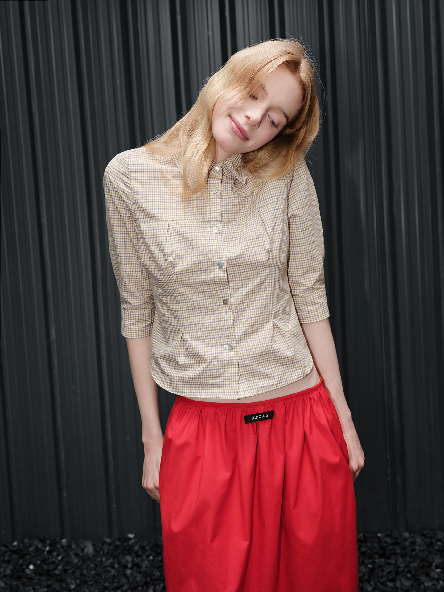 

Pure Cotton Plaid irt Women's Spring Summer New Waist-Cinching Seven-Quarter Sve Design Sensation Street Sle