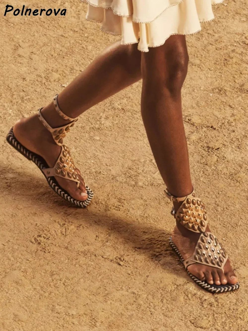 

Apricot Metal Flat Sandals Rivet Flip Flops Ankle Band Buckle Strap Slingback Cool Runway Shoes Summer Fashion Hollow Shoes 2025