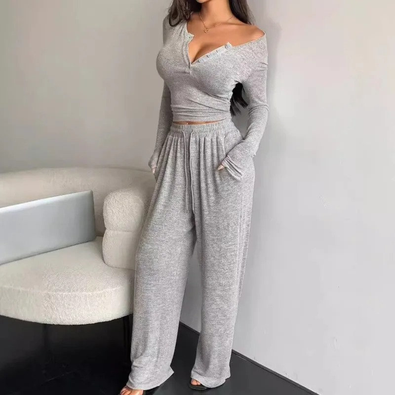 

Spring Autumn Women's Fashion Button V-neck Long Sleeve T-shirt Suit Casual Lace-up Tracksuit Pants & Tight T-shirt 2 Piece Set