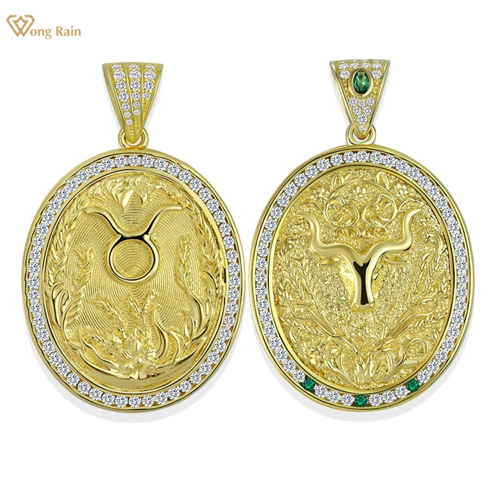 

Wong Rain Vintage 18K Gold Plated 925 Sterling Silver High Carbon Diamond Gems Fine Oval Emboss Pendant Jewelry Necklace Gifts