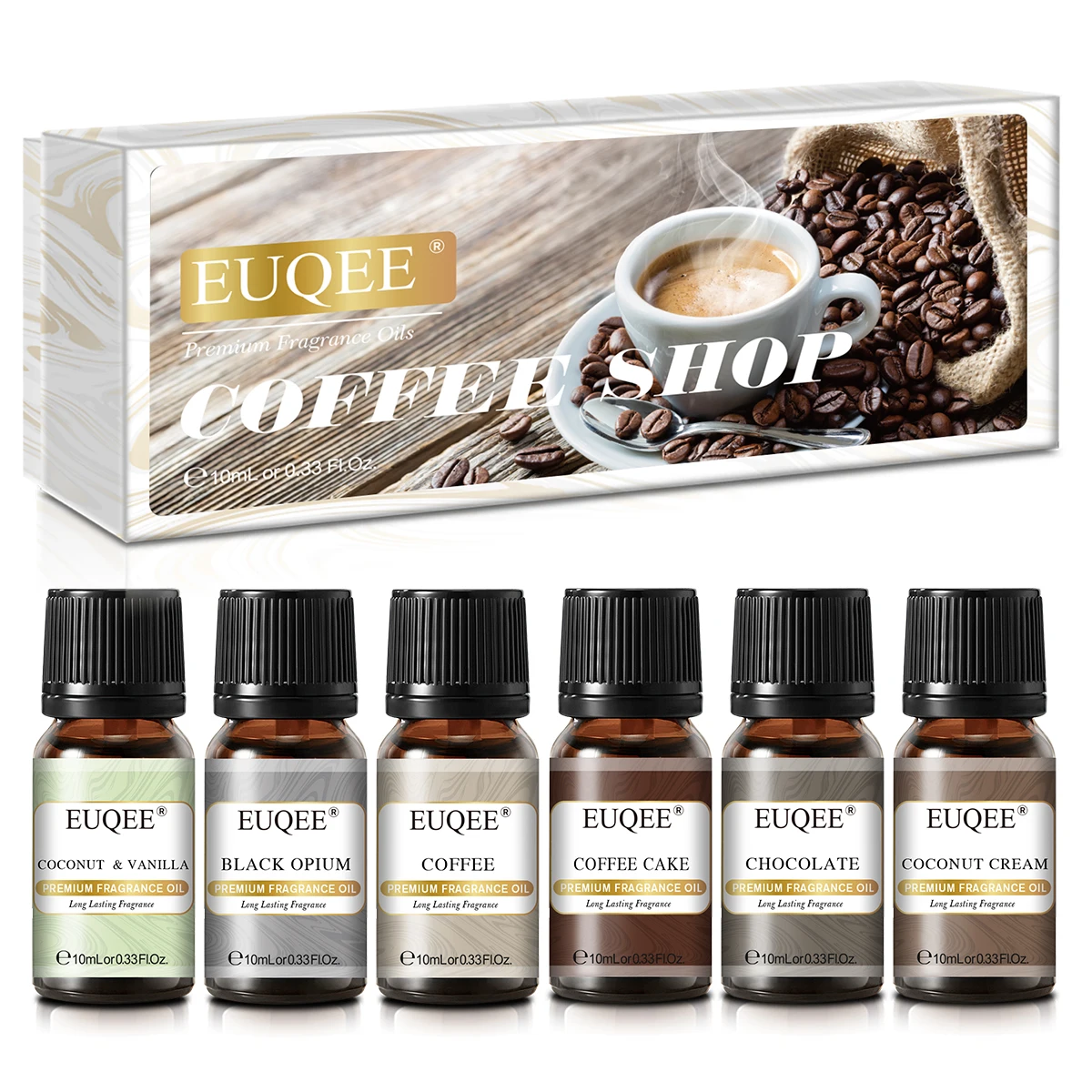 EUQEE 6PCS Coffee Shop Fragrance Oils Gift Set - Coffee, Coffee Cake, Chocolate, Coconut Cream, Coconut & Vanilla, Black Opiumm