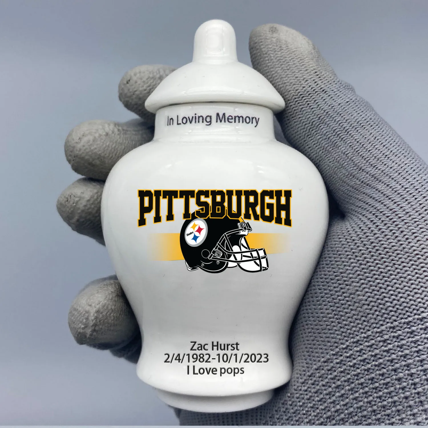 Mini Urn for Pittsburgh Steelers-themed Logo Urn.Please send me the customization information - name/date and number on the urn