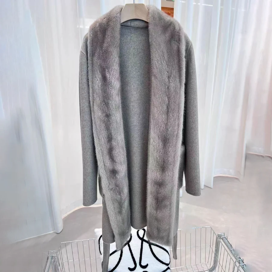 Chaqueta de mezcla de lana con cinturón a juego para mujer, abrigo de lana de lujo para mujer, abrigo de Cachemira de nuevo estilo para mujer