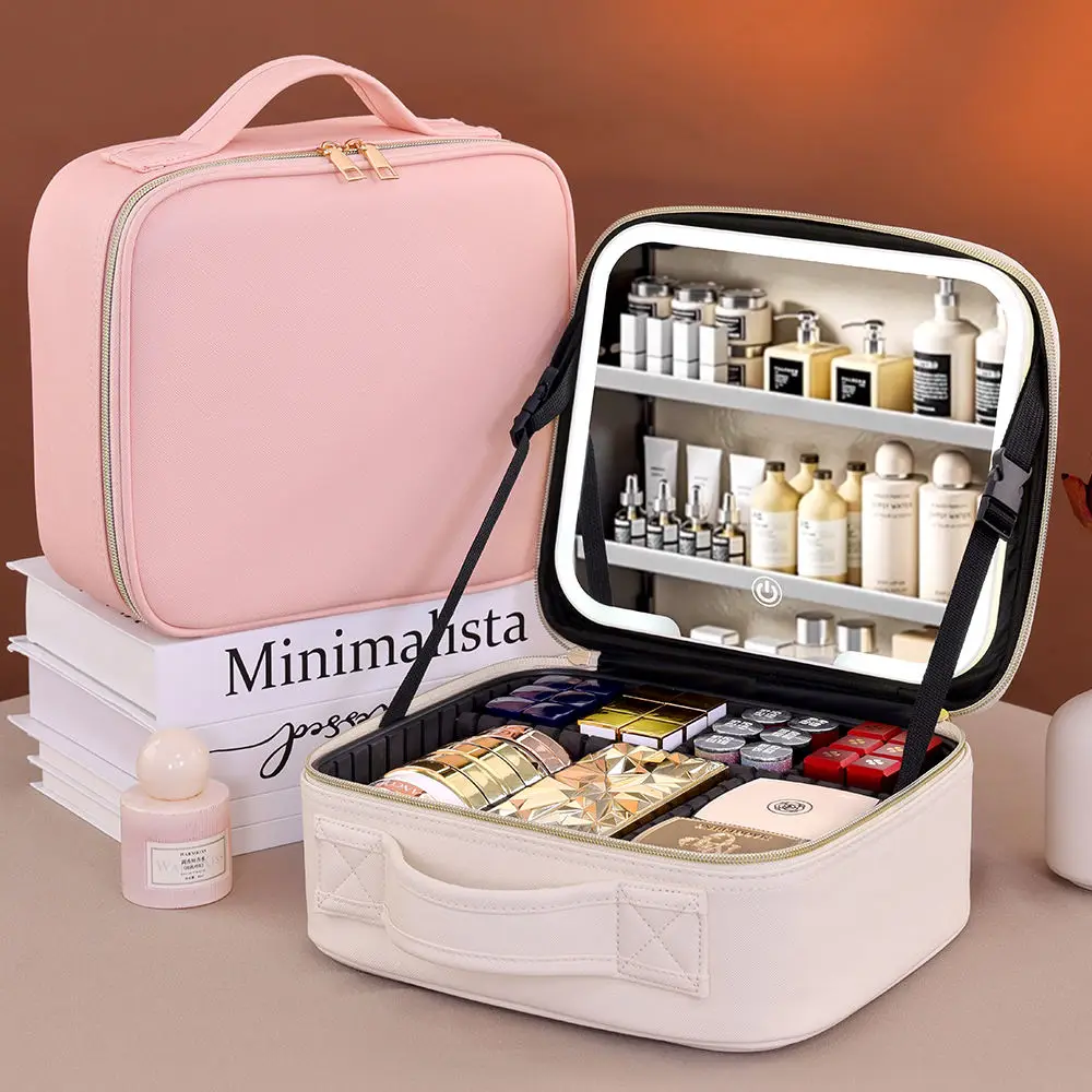 Bolsa de Viagem com Luz LED, Estojo de Maquiagem de Grande Capacidade, Bolsa de Armazenamento à Prova d'Água em PU com Luzes LED e Espelho