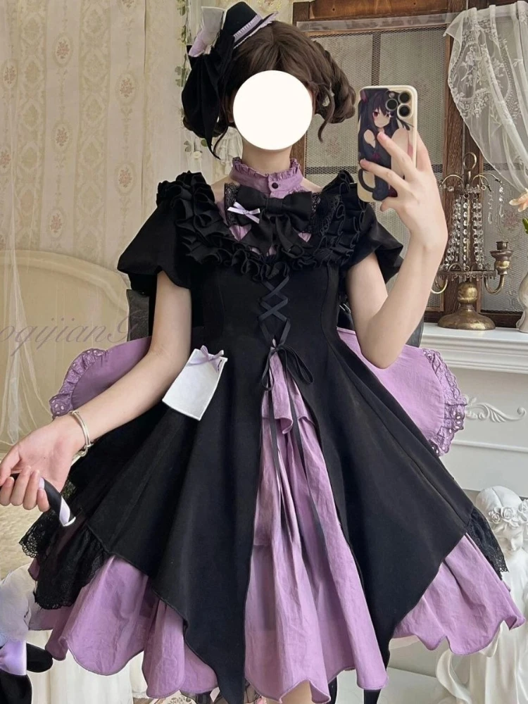 

Lolita Punk Gothic Princess Dress Halter Puff Sleeve Bow Ruffles Lace Contrast Color Dress Kawaii Summer Women's Clothing 2025