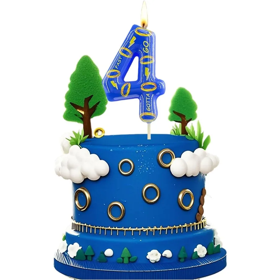 شمعة عيد ميلاد زرقاء رقم 4 مع 7 حلقات ذهبية لون كعكة شخصية كرتونية زرقاء لحفلات أعياد الميلاد للأولاد والبنات والحفلات