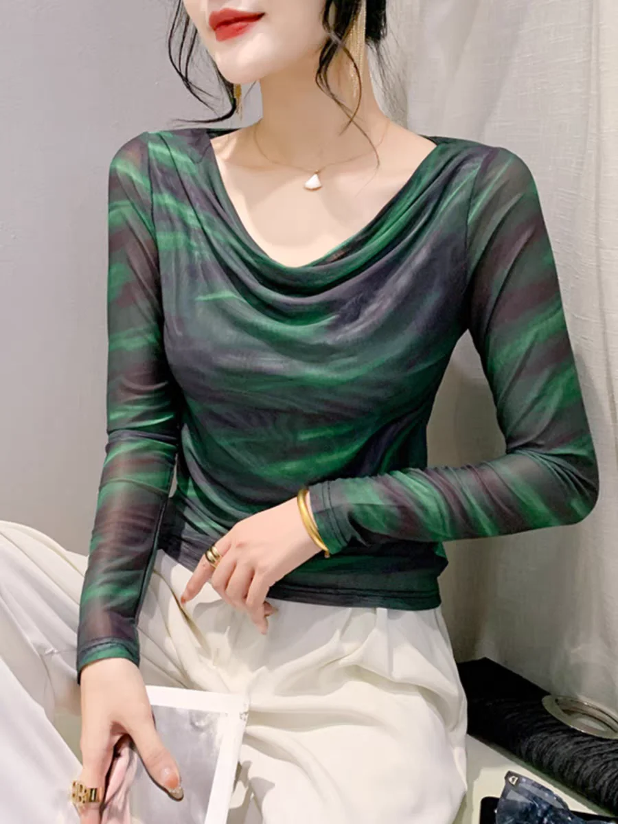 2024 Spring Summer Double-Layer Mesh Top Long Sleeve Printing T-shirt Woman Slim Fitting Tee For Female