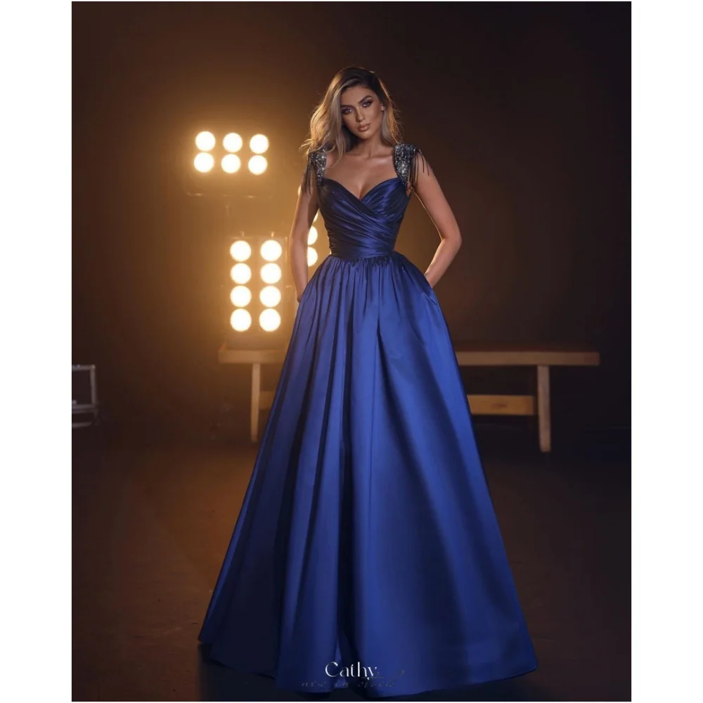 Cathy Blue Glitter Spaghetti Strap Wedding Dresses Strapless vestidos de noche A-line Satin Party Customized Formal Evening 2024