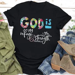 GOD IS Strength Imprimir T-shirt para Mulheres, Manga Curta, O Neck, Solto, Camiseta Feminina, Tops Roupas