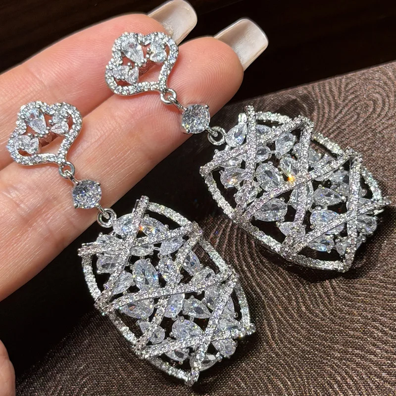 Luxury Hollow Grid Design Dangle Earrings Clover Motif Inlaid Cubic Zirconia Silver Tone Large Fashion Ear Ornament