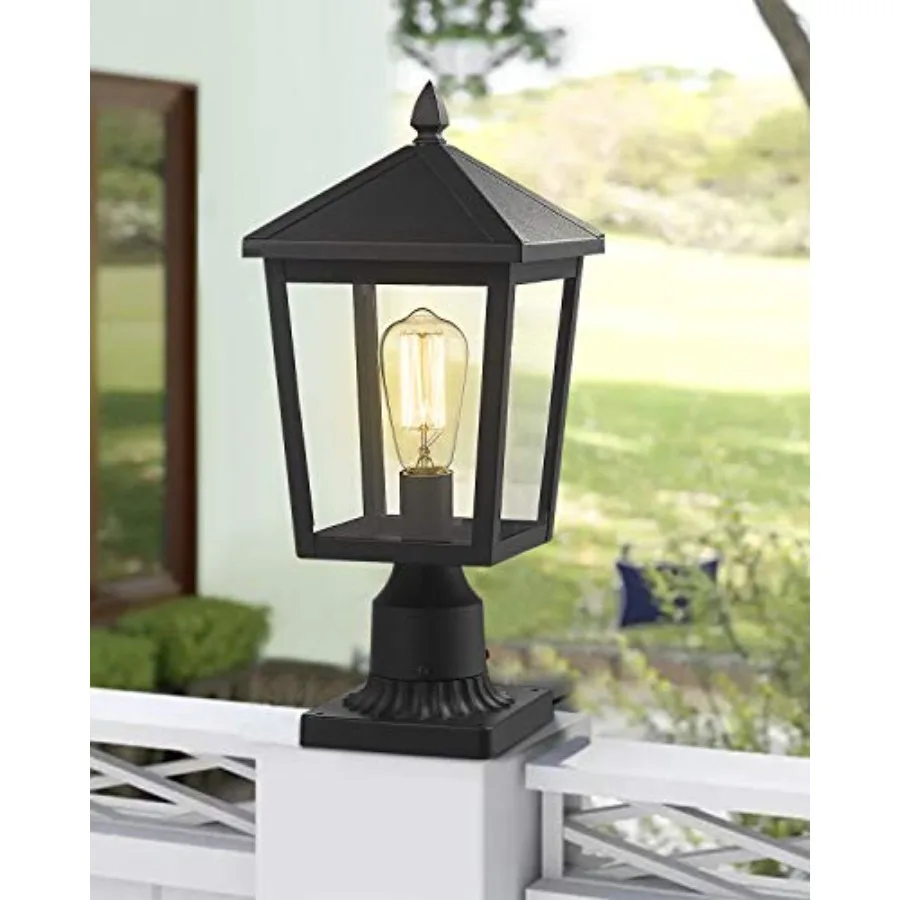 Outdoor Post Light, 16 Inch Exterior Pole Light Pillar Lantern with Clear Glass Shade and Black Finish, 20076P