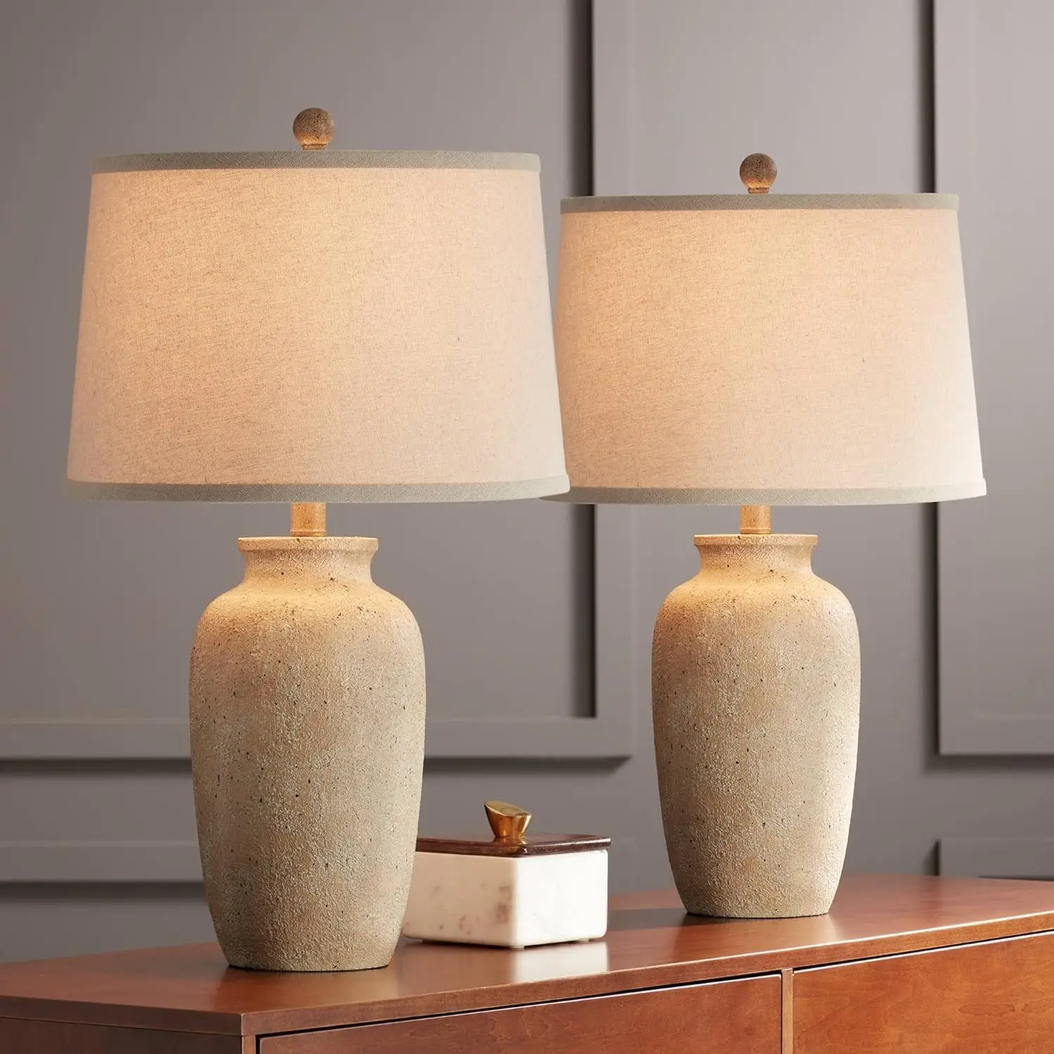 

Rustic Farmhouse Table Lamps 25 1/2" Tall Set of 2 Beige Oatmeal Fabric Drum Shades Decor for Living Room Bedroom House Beds