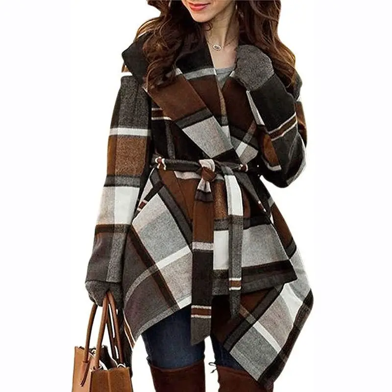 Trendy Plaid Color Block Woolen Coat for Women Belted Mid-Length Korean Style Thickened Winter Fashion Outerwear