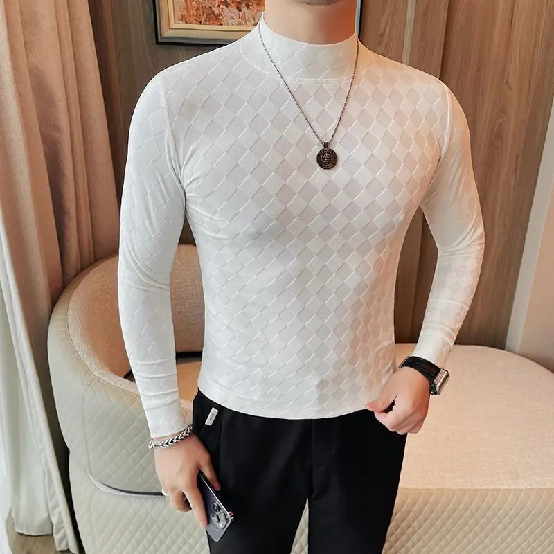 Korean Fashion Men Clothing New T-Shirts Autumn Winner O-Neck Solid Plaid Mock Neck Trend Versatile Casual Long Sleeve Slim Tops